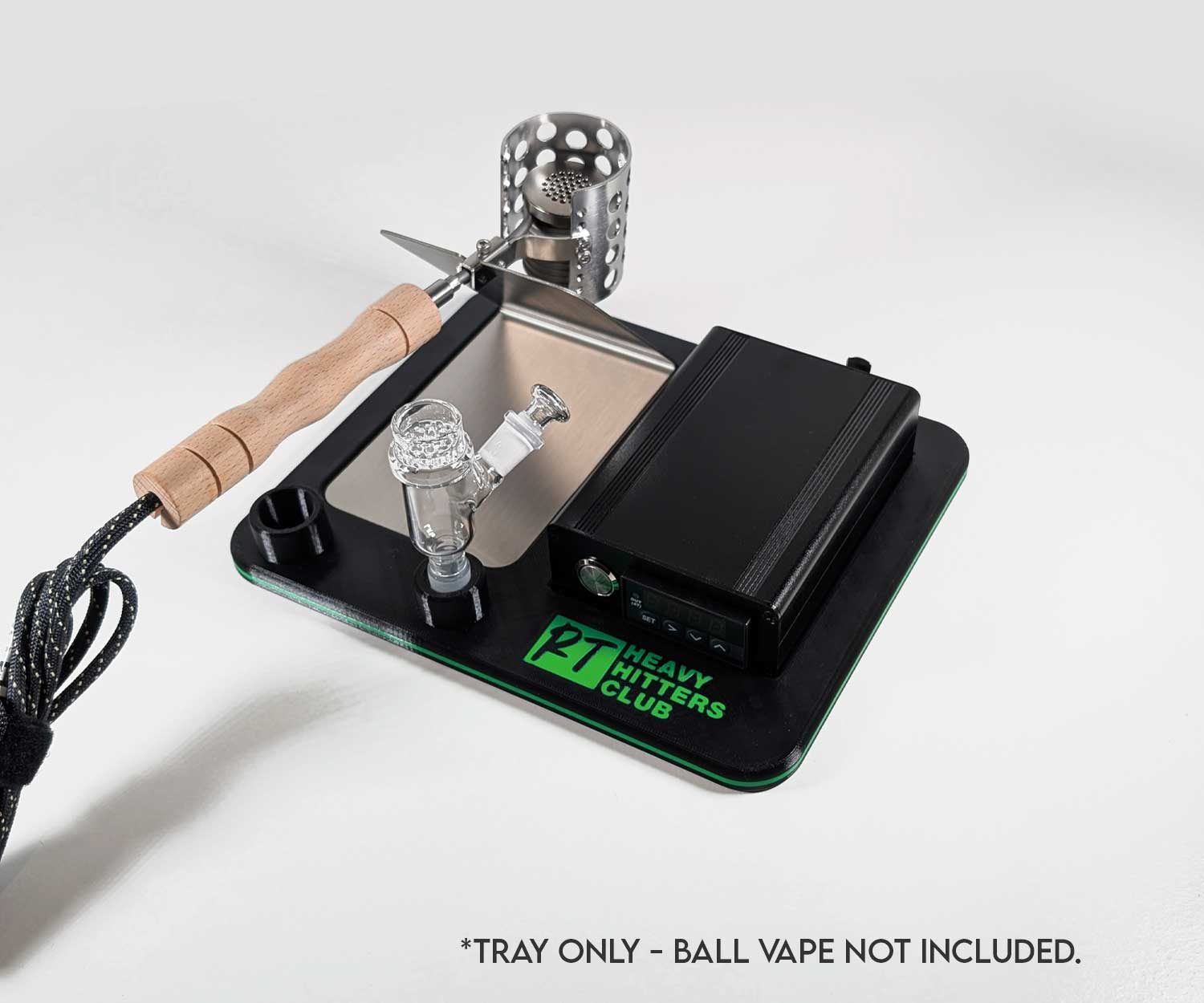 Showing the Heavy Hitters ball vape tray with the Terp Ripper kit.